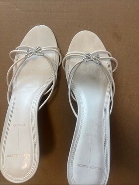 Black Suede White Strappy Crystal-Knot Slide Sandals